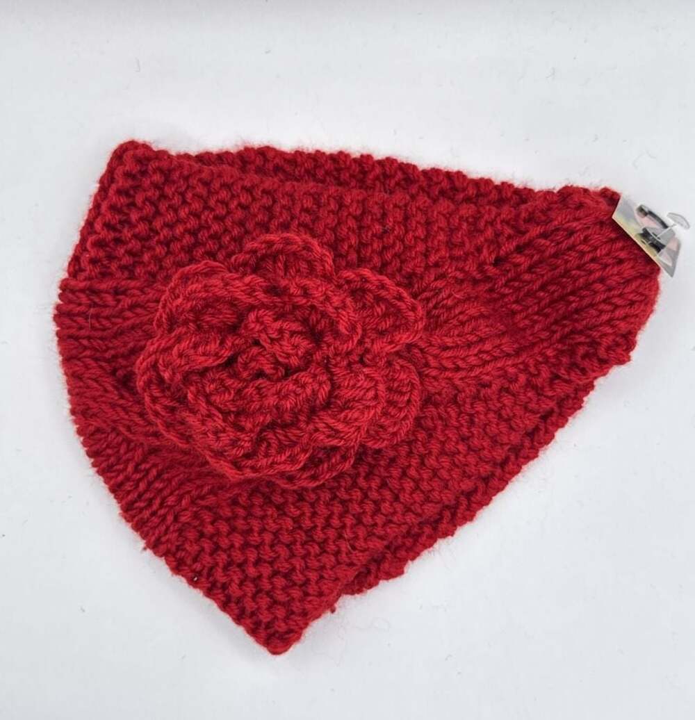 Red Cable Knit Winter Headband with Crocheted Flower Ear Warmer